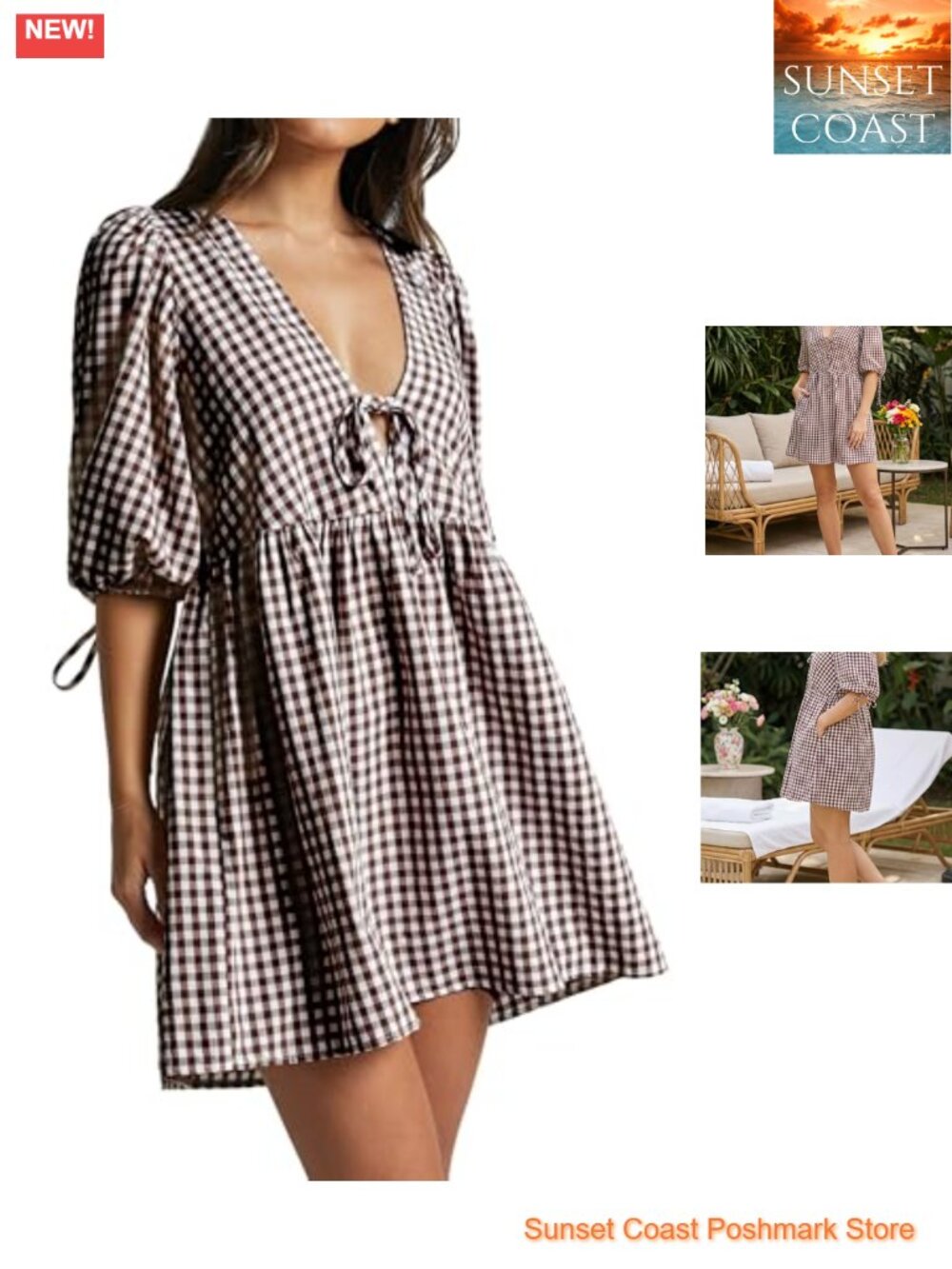 Women's Puff Sleeve Striped Babydoll Dress Cotton V-Neck A-Line